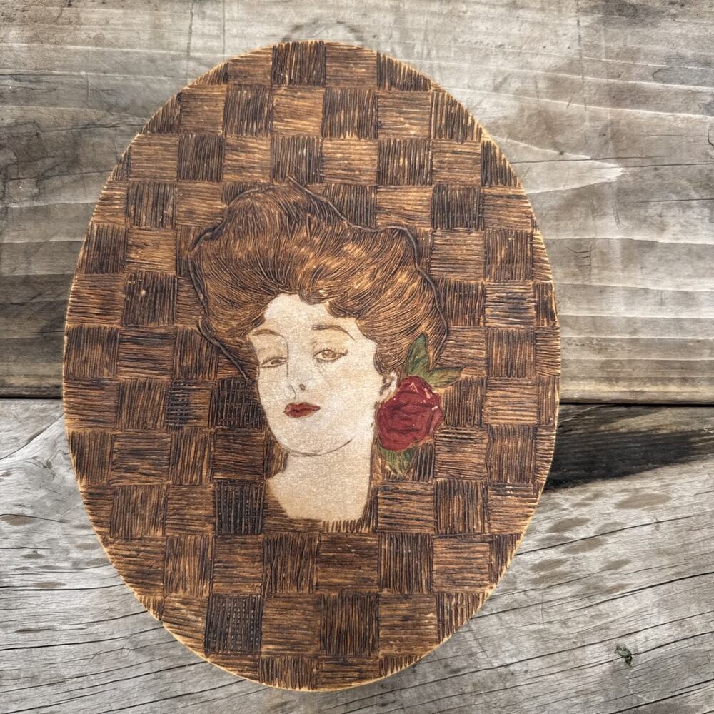 Vintage PYROGRAPHY Burnt Wood LADY Portrait Oval Shaped Art Wall Hanging